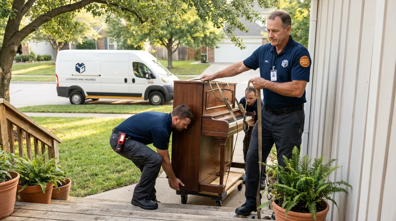 Licensed piano movers securing grand piano in Stafford, VA